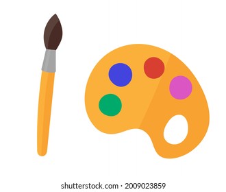 A picture depicting a brush and palette in flat style. Vector illustration.
