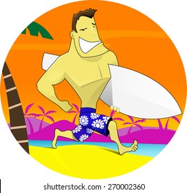 Picture depicting surfers running along the beach