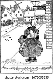 The picture depicts the back side of a small Dutch girl in Holland, holding a basket and wearing a frock of repeated designs, and looking at something, vintage line drawing or engraving illustration.
