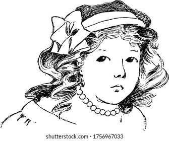 The picture depicts a beautiful girl with circular beads in her necklace and a bow in her hair band, vintage line drawing or engraving illustration 