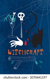 The picture depicts a black cat with red eyes, a spider web, a skull, a fork, a tree branch, a glass with a frog's leg and bone, red drops, branch, leaves and shading.