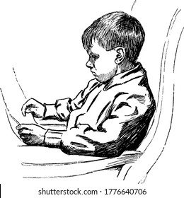 The Picture Depicts A Boy Sitting Down And Reading Newspaper, Vintage Line Drawing Or Engraving Illustration 