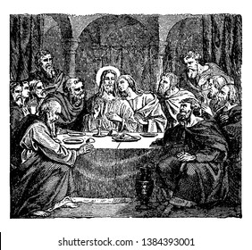 A picture depicts the communion of the apostles with Jesus at the last supper, vintage line drawing or engraving illustration.