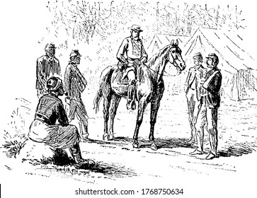 The picture depicts confederate general Robert E. Lee on a horse and talking with a prisoner, vintage line drawing or engraving illustration 