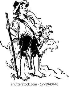 The picture depicts a cowboy holding a stick and standing next to his cattles, vintage line drawing or engraving illustration 