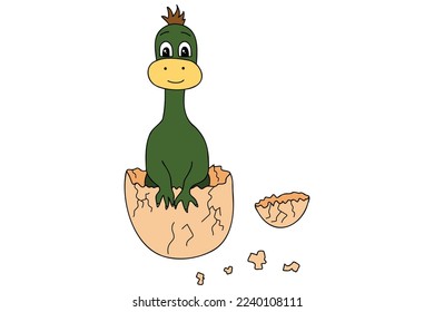 The picture depicts a dinosaur hatching from an egg, it is intended for children's books, cards, clothing prints, etc.