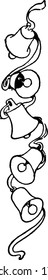 The picture depicts five bells on a spiral-shaped ribbon suspended vertically, vintage line drawing or engraving illustration.