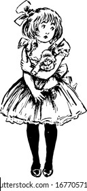 The picture depicts a girl wearing a frock and a bow in her head, looking sad or shy while holding her doll, around her arms, vintage line drawing or engraving illustration.