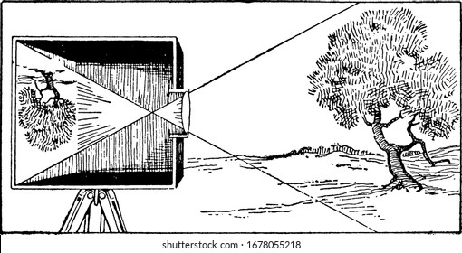 The picture depicts how a photograph is produced, in which an image is focused on to light-sensitive material and then made visible and permanent, vintage line drawing or engraving illustration.