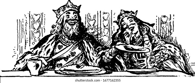 The picture depicts the king and queen of hearts, seated in a table as they enjoy a meal, vintage line drawing or engraving illustration.