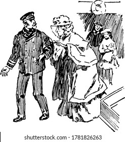 The picture depicts a lady reporting to a higher official about the lost luggage and its identity marks to find it, vintage line drawing or engraving illustration.