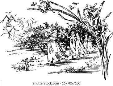 The picture depicts little girls playing in a garden, enjoying their day and having great fun, vintage line drawing or engraving illustration.