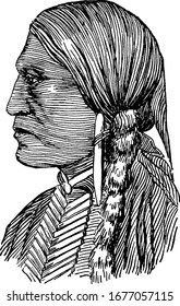 The picture depicts a man of the Apache Native American tribe with hair plaited in flat parallel lines, vintage line drawing or engraving illustration.