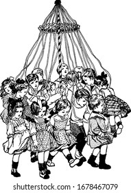 The picture depicts many children playing a game of ribbons and walking round and round, vintage line drawing or engraving illustration.