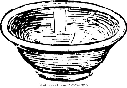 The picture depicts a mixing bowl, in which soups could be served or used in the kitchen for mixing a number of ingredients together, vintage line drawing or engraving illustration.