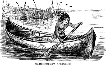 The picture depicts a native American in a birch canoe, a lightweight narrow vessel, typically pointed at both ends and open on top, propelled by one or more seated or kneeling paddlers , vintage.