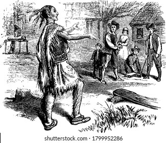 The picture depicts a native American welcoming the Englishmen, vintage line drawing or engraving illustration 