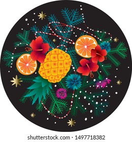 The picture depicts oranges, pineapple, hibiscus flowers and cornflowers on the background of fir branches, garlands and snowflakes.