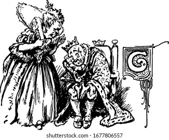 The picture depicts a queen bending and telling to an old king Cole seated in the throne, not to have fiddlers so late, vintage line drawing or engraving illustration.