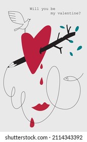 The picture depicts a red heart pierced with a pencil, a tree branch, a bird, an eye, a fish, lips, red drops and the inscription "Will you be my Valentine?"
