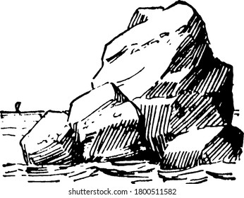 The picture depicts rock, a solid aggregate of one or more minerals or mineraloids, in the water, vintage line drawing or engraving illustration.