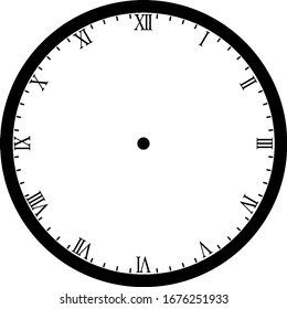 The picture depicts a round clock face with roman numerals showing no time, vintage line drawing or engraving illustration.