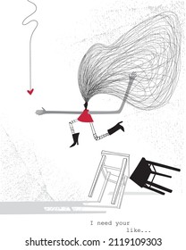The picture depicts a running girl with her arm extended forward and a huge mop of hair, a heart hanging on a thread, falling stools, black boots and the inscription "I need your like".