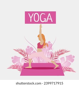 The picture depicts a series of photographs of a girl doing yoga on a mat. In the foreground there is a girl in special yogic clothes, performing various poses and asanas.Varvasanas (tree poses), Adho