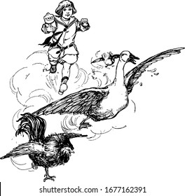 The picture depicts a small boy chasing a duck in chickens, as he holds the salt in one of his hands, vintage line drawing or engraving illustration.