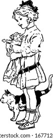 The picture depicts a small girl wearing a frock and a belt around her waist, holding a doll with a cat at her feet, vintage line drawing or engraving illustration.