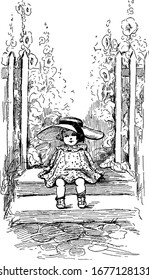 The picture depicts a small girl wearing a big hat, sitting on the steps, and admiring the scenic view in front of her, vintage line drawing or engraving illustration.