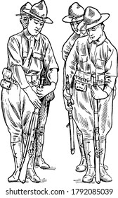 Das Bild zeigt Stapelarme, in denen jede gerade Zahl der vorderen Ränge sein Stück mit der linken Hand am oberen Band ergreift und den Hintern zwischen seinen Füßen ruht, Vintage-Linie-Zeichnung