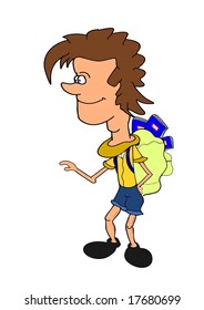 The picture depicts a student wiith a big backpack.