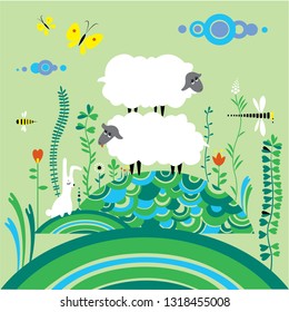 The picture depicts two sheep, a hare, butterflies, green hills, flowers, grass, clouds, a bee and a dragonfly.