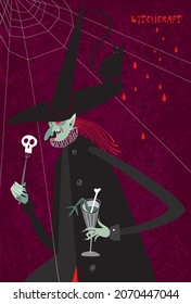 The picture depicts a witch in a black hat, with a red eye, a black cat, a fork, a skull, a glass, a bone, a frog's leg, a spider's web, red drops, artistic texture.