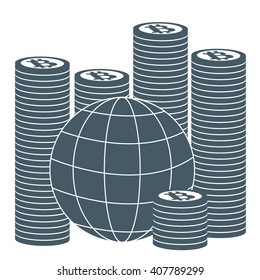 Picture describing the possibilities of using bitcoin as a means of payment in the world: a pile of bitcoins and globe on white background
