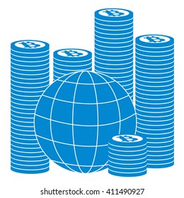 Picture describing the possibilities of using bitcoin as a means of payment in the world: a pile of bitcoins and globe on white background