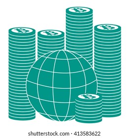 Picture describing the possibilities of using bitcoin as a means of payment in the world: a pile of bitcoins and globe on white background