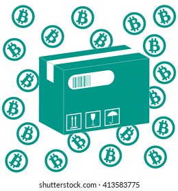 Picture describing the possibilities of using bitcoin as a means of payment: bitcoin and the box with the product on a white background
