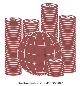 Picture describing the possibilities of using bitcoin as a means of payment in the world: a pile of bitcoins and globe on white background