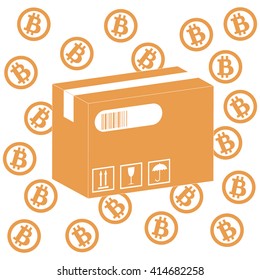 Picture describing the possibilities of using bitcoin as a means of payment: bitcoin and the box with the product on a white background