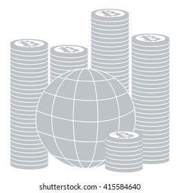 Picture describing the possibilities of using bitcoin as a means of payment in the world: a pile of bitcoins and globe on white background