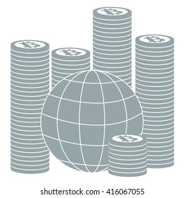 Picture describing the possibilities of using bitcoin as a means of payment in the world: a pile of bitcoins and globe on white background