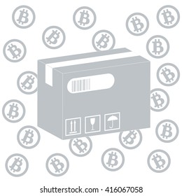 Picture describing the possibilities of using bitcoin as a means of payment: bitcoin and the box with the product on a white background