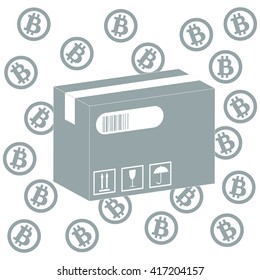 Picture describing the possibilities of using bitcoin as a means of payment: bitcoin and the box with the product on a white background