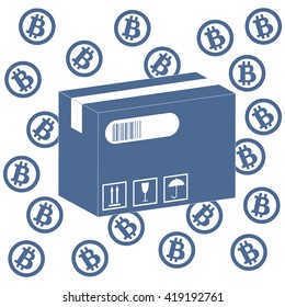 Picture describing the possibilities of using bitcoin as a means of payment: bitcoin and the box with the product on a white background