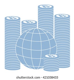 Picture describing the possibilities of using bitcoin as a means of payment in the world: a pile of bitcoins and globe on white background