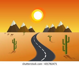 picture of desert road, cacti, mountains and setting sun, flat style Vector illustration
