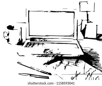 A picture of a desktop with a laptop in the style of a sketch in black and white
