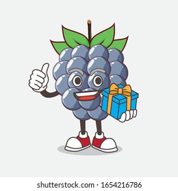 A picture of dewberry cartoon mascot character with gift